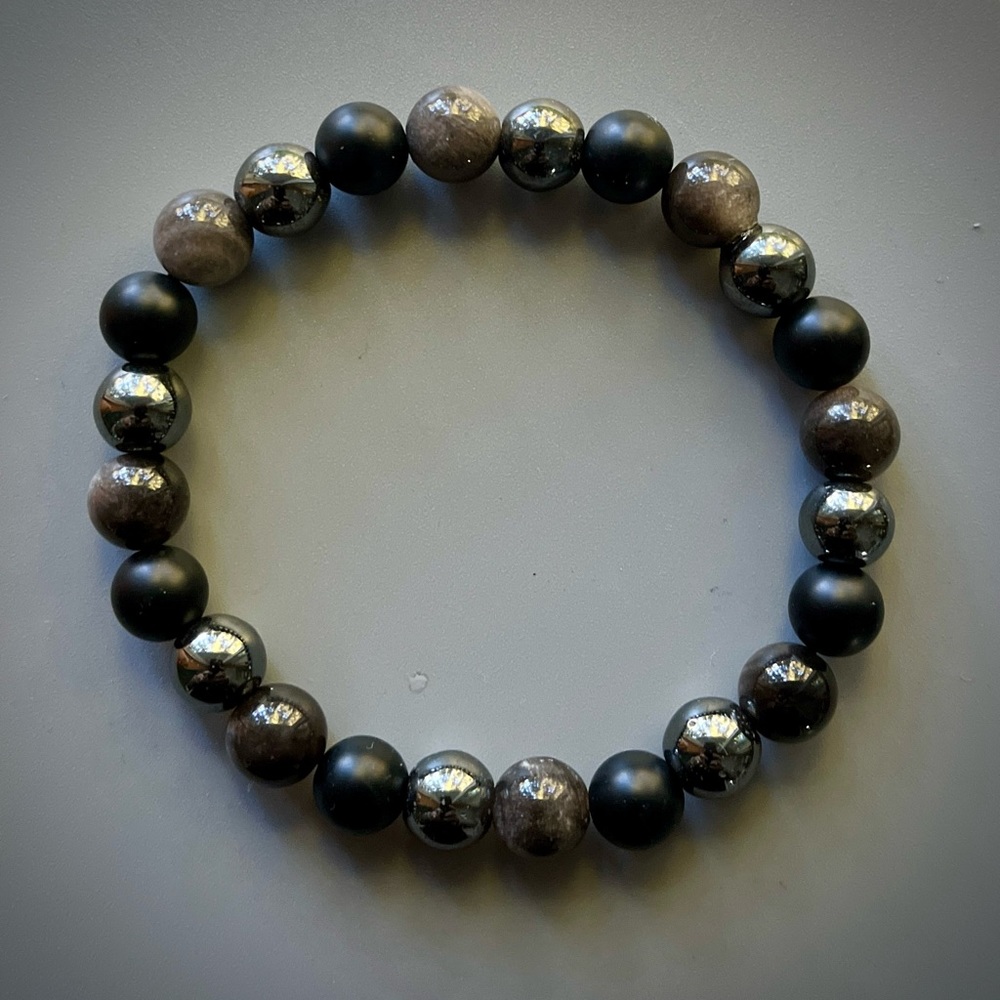 Matte Onyx, Silver Obsidian and Black Hematite Handcrafted Bead Bracelet - Picture 4 of 4